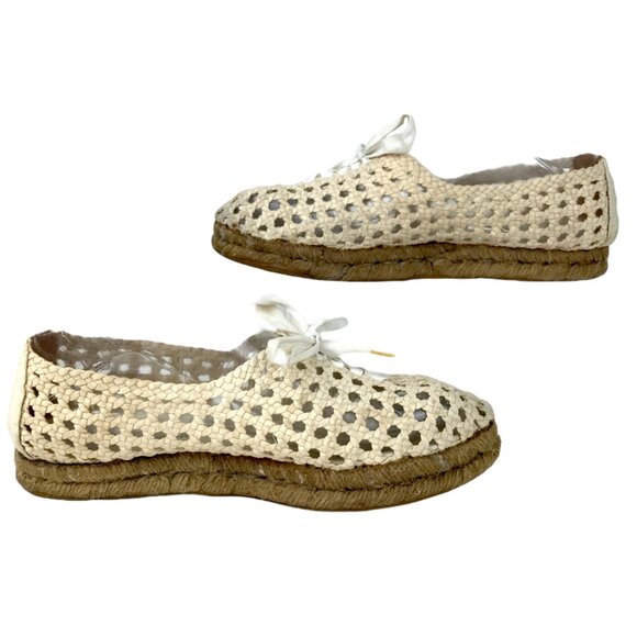 Saint Laurent Womens 7 38 Cream Espadrille Lace Up Loafers Woven Round Toe - Picture 1 of 16